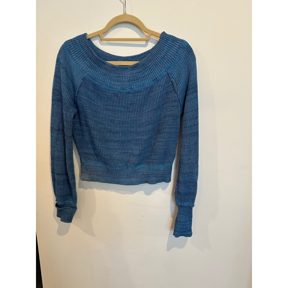 Free People Blue Space Dye Cropped Scoop Neck Sweater XS Raglan Long Sleeve